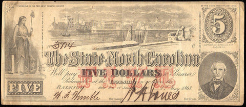 1863 $5 State of North Carolina Note - Cr. 123 - Choice Very Fine