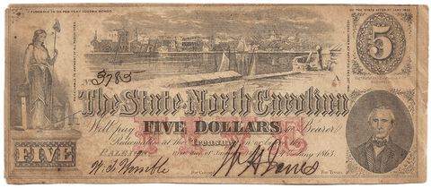 1863 $5 State of North Carolina Note - Cr. 123 - Nominal XF