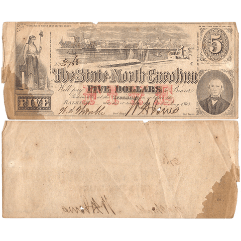 1863 $5 State of North Carolina Note - Cr. 123 - Net VG/Fine