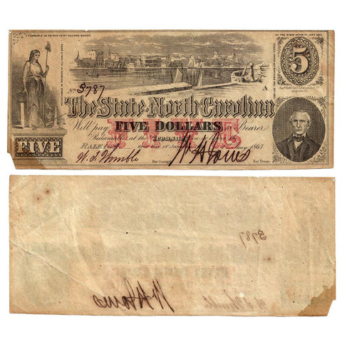 1863 $5 State of North Carolina Note - Cr. 123 - Net Fine
