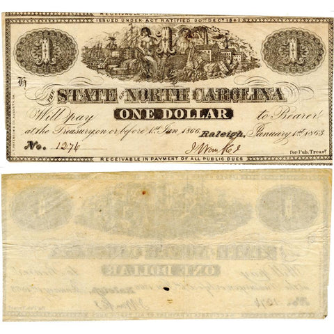 1863 $1 State of North Carolina Note - Cr. 132 - Extremely Fine