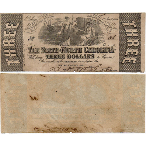 1863 $3 State of North Carolina Note - Cr. 125 - Net Extremely Fine