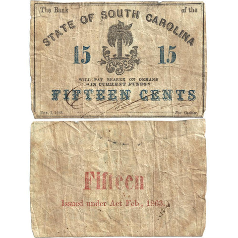 1863 15¢ Bank of the State of South Carolina Charleston - Very Good