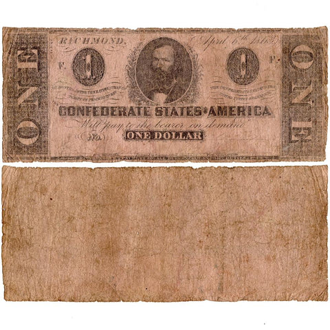 T-62 Apr. 6 1863 $1 Confederate States of America (C.S.A.) ~ Very Good