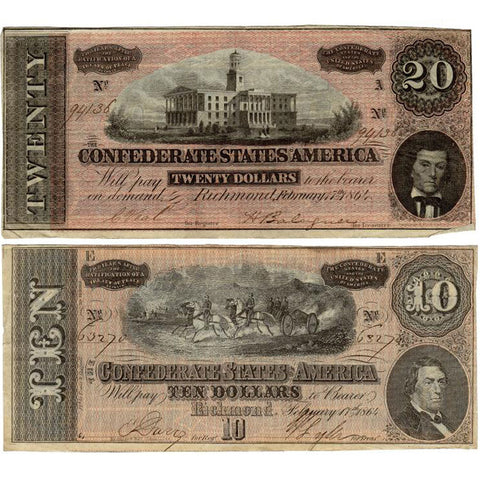 1864 Confederate States of America, $10 & $20 Note Deal - VG-VF