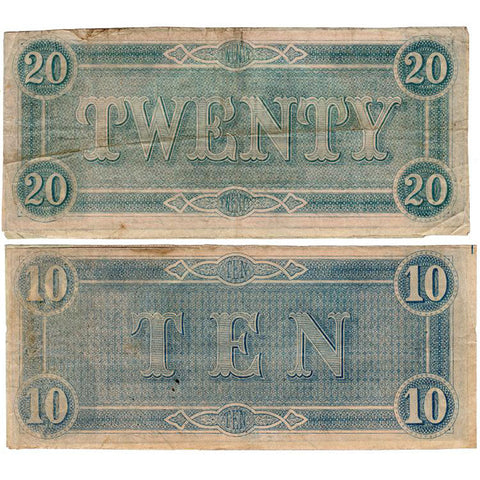 1864 Confederate States of America, $10 & $20 Note Deal - VG-VF
