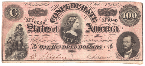 T-65 Feb. 17 1864 $100 Confederate States of America (C.S.A.) PF-1/Cr.490 ~ Crisp Very Fine
