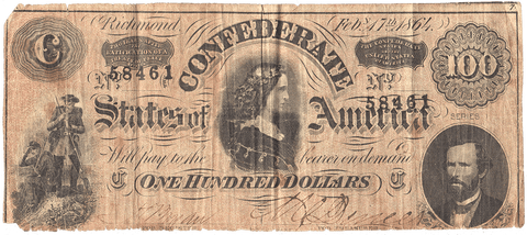 T-65 Feb. 17 1864 $100 Confederate States of America (C.S.A.) ~ Net Fine