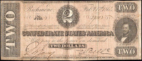 T-70 Feb. 17 1864 $2 Confederate States of America (C.S.A.) PF-4/Cr.566 - Very Fine