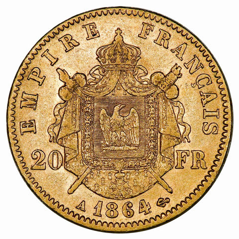 1864-A French Napoleon 20 Franc Gold Coin KM. 801.1 - About Uncirculated