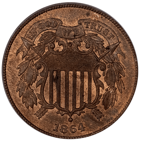 1864 Large Motto Two Cent Piece - PCGS MS 64 RB - Choice Uncirculated Red & Brown