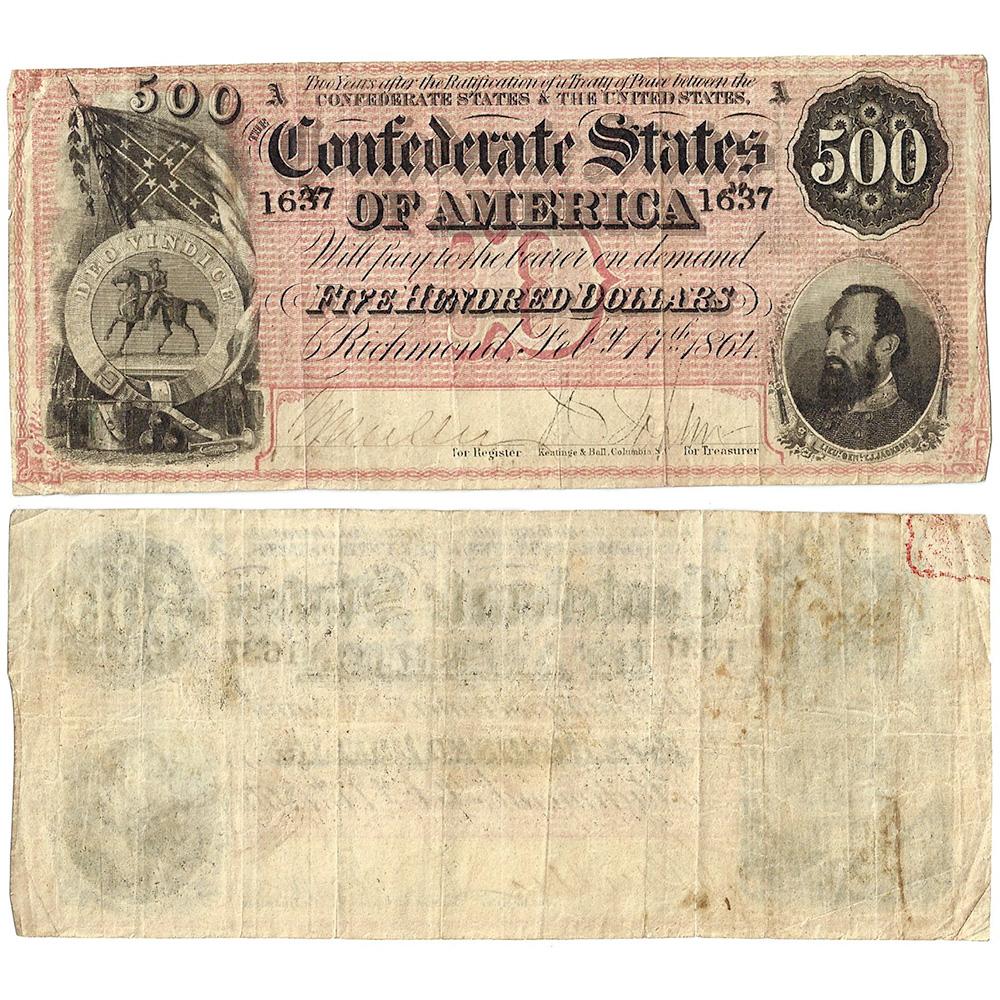 1864 500 Confederate States of America Note T64 Very Fine