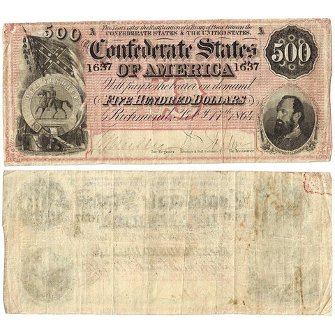 1864 $500 Confederate States of America Note T-64 ~ Very Fine