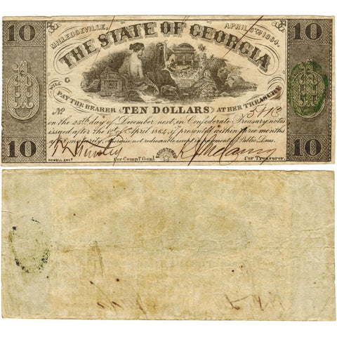 April 4, 1864 $10 State of Georgia Note, Cr. 25 - Very Fine