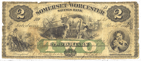 1864 $2 Somerset & Worcester Savings Bank Salisbury Maryland ~ Net Fine