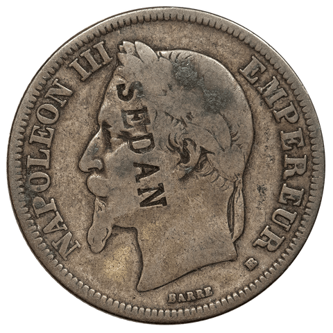 1867-A France Silver 2 Francs KM.807.1 - Scarce SEDAN Counterstamp - Fine