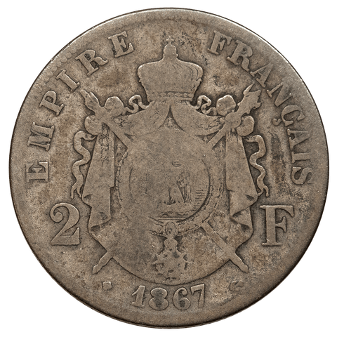 1867-A France Silver 2 Francs KM.807.1 - Scarce SEDAN Counterstamp - Fine