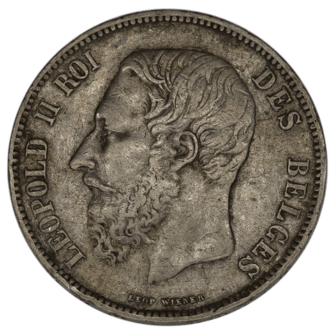 1867 Belgium Silver 5 Francs Leopold II KM.24 (Dot) - Very Fine