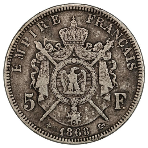 1868 France Napoleon III 5 Francs KM. 799.1 - Very Fine