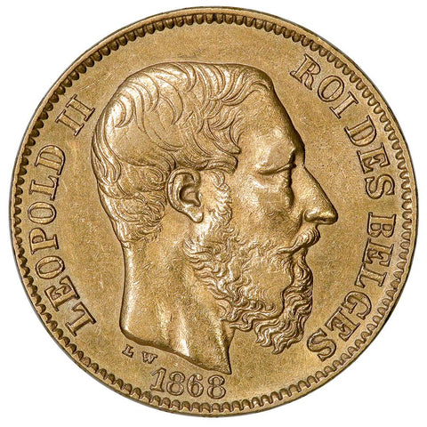1868 Belgium Leopold II 20 Francs Gold Coin KM.32 - About Unciruclated