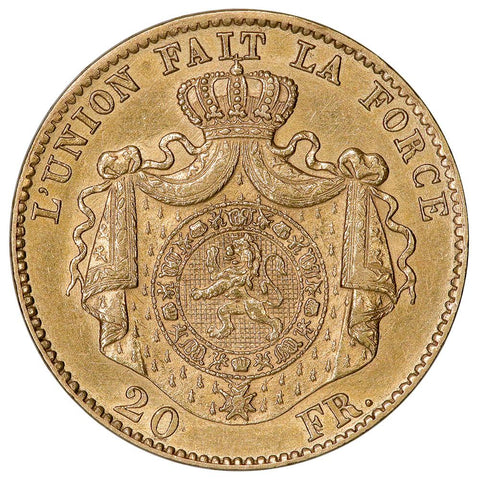 1868 Belgium Leopold II 20 Francs Gold Coin KM.32 - About Unciruclated