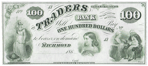 186_ $100 Traders Bank of the City of Richmond, VA. ~ VA-195-G10 ~ Choice Uncirculated