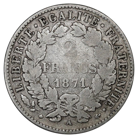 1871-A France Silver 2 Francs KM.817.1 - Very Fine