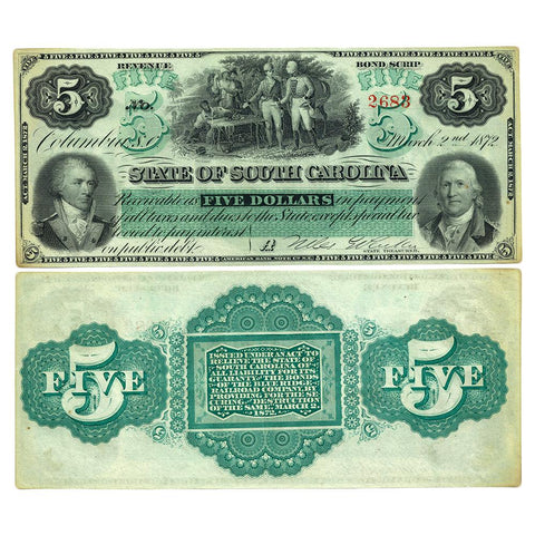 1872 $5 State of South Carolina Note - Crisp Uncirculated