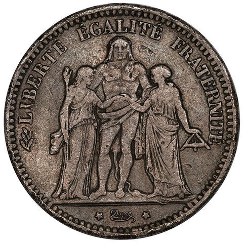 1873-A France Silver 5 Francs KM.820.1 - Very Fine (rim bumps)