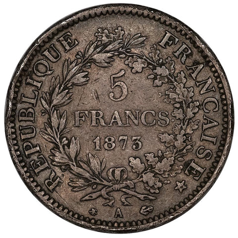 1873-A France Silver 5 Francs KM.820.1 - Very Fine (rim bumps)