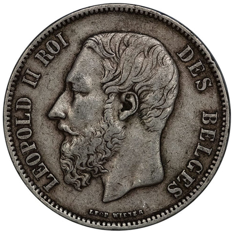 1873 Belgium Silver 5 Francs Leopold II KM.24 (Position A) - Very Fine