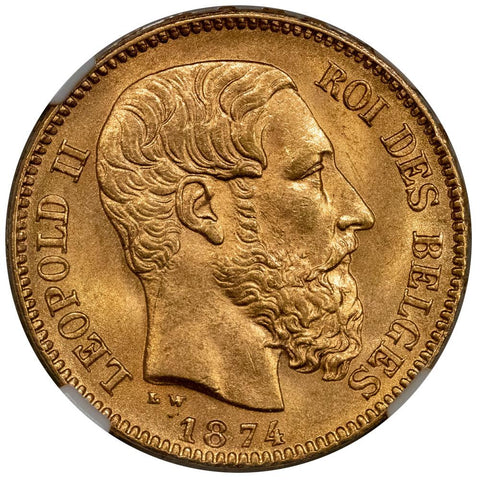 1874 Pos A Belgium Leopold II 20 Francs Gold Coin KM.37 - NGC MS 64 - Very Choice