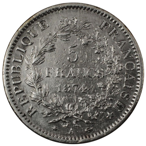 1874-A France 5 Francs KM. 820.1 - AU Details (cleaned)