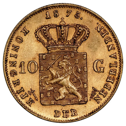 1875 Netherlands William III 10 Gulden Gold Coin  KM. 105 - About Uncirculated