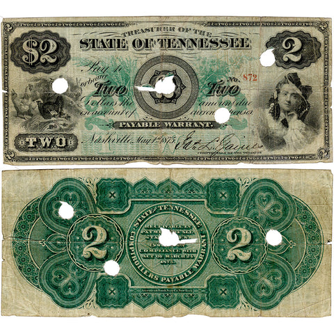 1875 $2 State of Tennessee Bank Note Cr. 6 [R7] - Apparent Fine