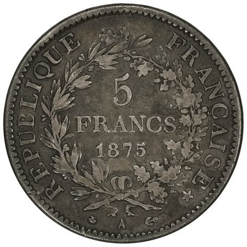 1875-A France Silver 5 Francs KM.820.1 - Fine/Very Fine
