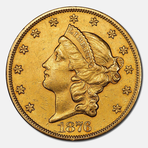 1876 Type 2 $20 Liberty Double Eagle Gold Coin - About Uncirculated