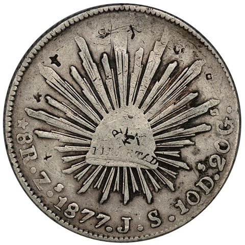 1877-ZsJS Mexico Mint Cap & Rays 8 Reales - KM.377.13 - Very Good (Chop Marks)