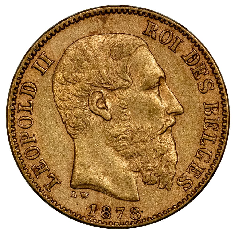 1878 Belgium Leopold II 20 Francs Gold Coin KM.37 About