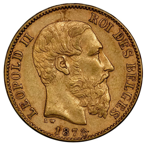 1878 Belgium Leopold II 20 Francs Gold Coin KM.37 - About Uncirculated