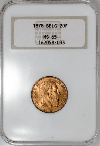 1878 Belgium Leopold II 20 Francs Gold Coin KM.37 - NGC MS 65