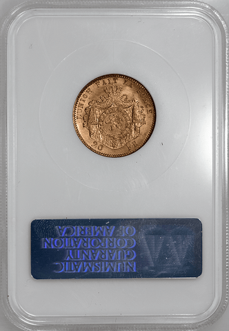 1878 Belgium Leopold II 20 Francs Gold Coin KM.37 - NGC MS 65