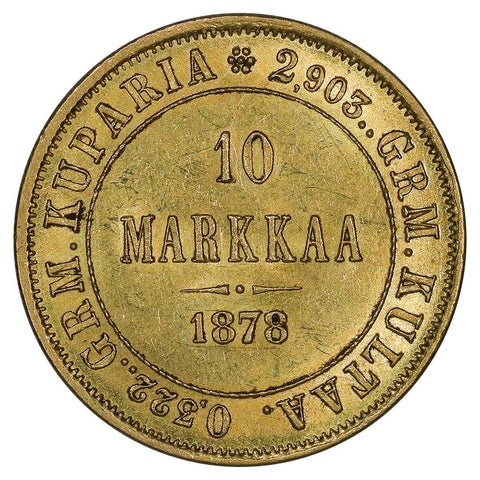 1878-S Finland Gold 10 Markkaa KM.8.1 - About Uncirculated