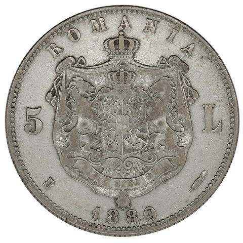 1880 Romania Silver 5 Lei KM.12 - Extremely Fine