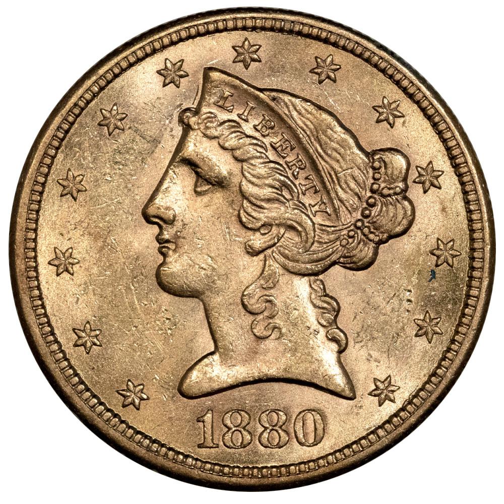 1880 S 5 Liberty Head Gold Coin About Uncirculated