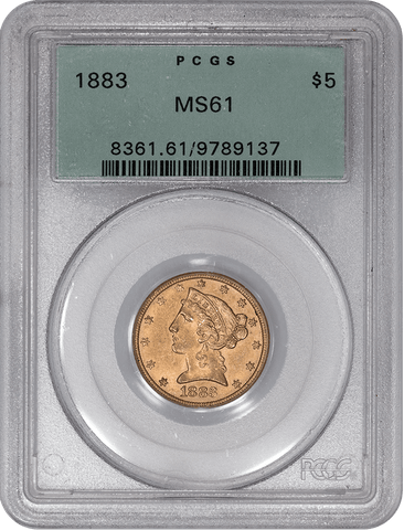1883 $5 Liberty Gold Coin - PCGS MS 61 OGH - Tougher Date