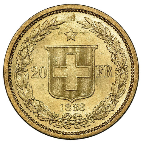 1883 Swiss Helvetia 20 Francs Gold - Choice About Uncirculated