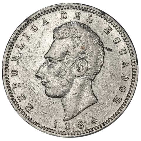 1884 Ecuador Silver Half Sucre KM.52 - XF Details (cleaned)