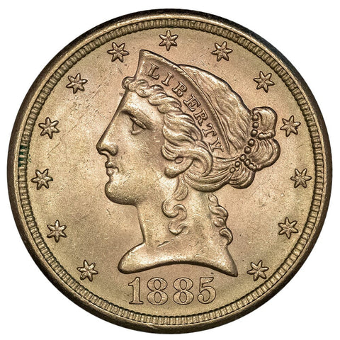 1885-S $5 Liberty Head Gold Coin - Choice Brilliant Uncirculated