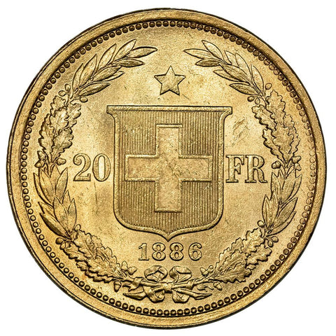 1886 Swiss Helvetia 20 Francs Gold - Choice About Uncirculated